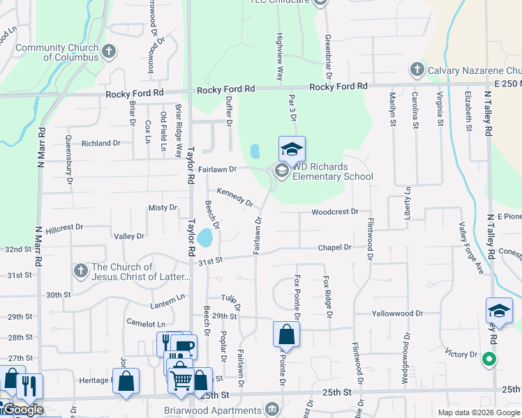 map of restaurants, bars, coffee shops, grocery stores, and more near 3300 Fairlawn Dr in Columbus
