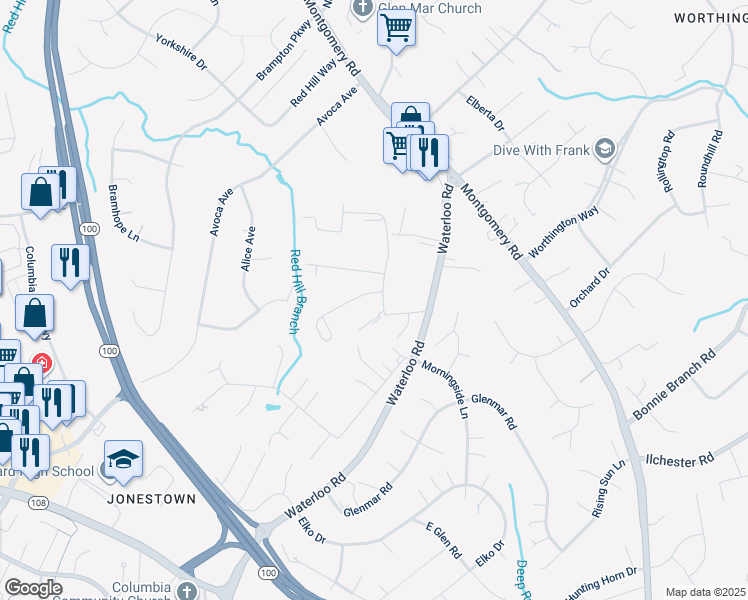 map of restaurants, bars, coffee shops, grocery stores, and more near 8401 Jopenda Drive in Ellicott City