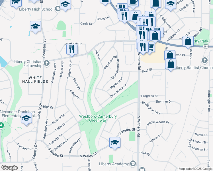 map of restaurants, bars, coffee shops, grocery stores, and more near 1041 Lindenwood Lane in Liberty