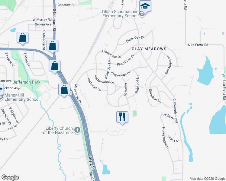 map of restaurants, bars, coffee shops, grocery stores, and more near 717 Cottonwood Lane in Liberty