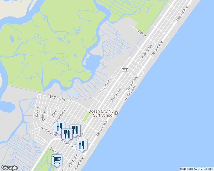 map of restaurants, bars, coffee shops, grocery stores, and more near 4937 Haven Avenue in Ocean City