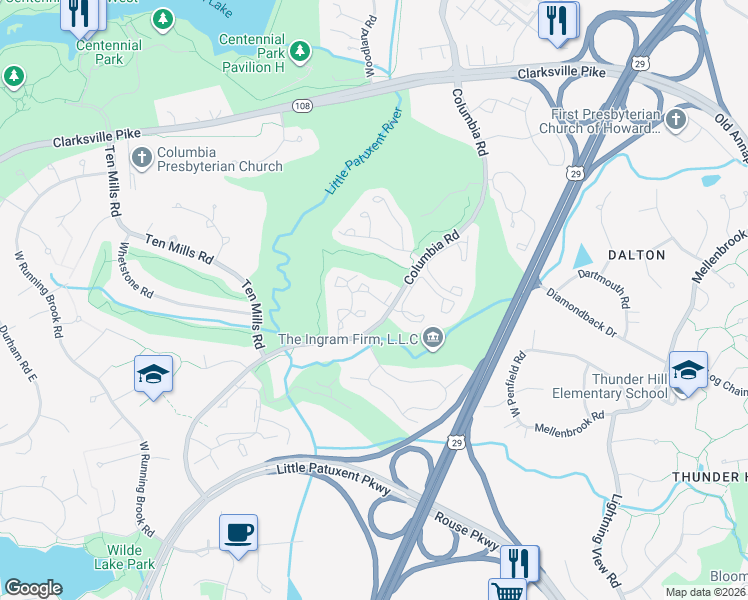 map of restaurants, bars, coffee shops, grocery stores, and more near 5513 April Journey in Columbia