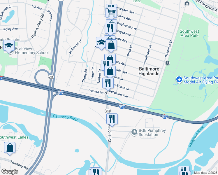 map of restaurants, bars, coffee shops, grocery stores, and more near 4427 Annapolis Road in Halethorpe