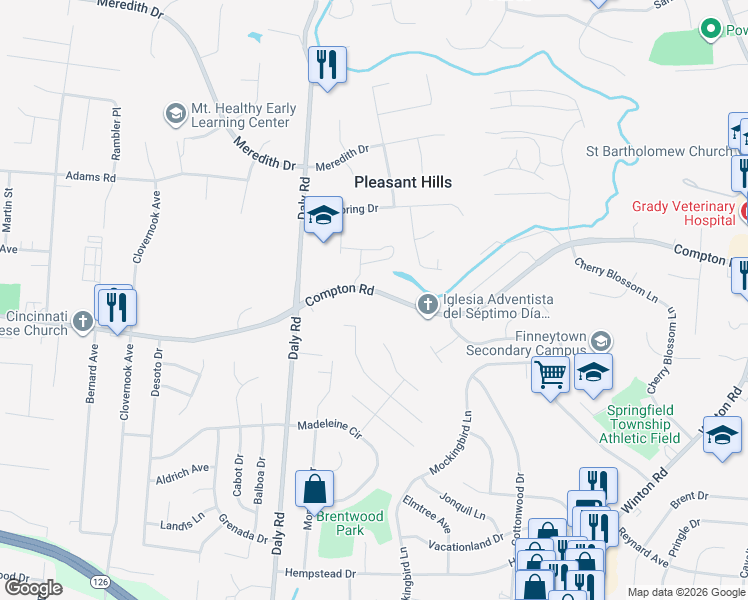 map of restaurants, bars, coffee shops, grocery stores, and more near 1161 Compton Road in Cincinnati