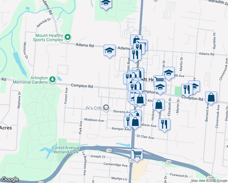 map of restaurants, bars, coffee shops, grocery stores, and more near 1801 Compton Road in Cincinnati