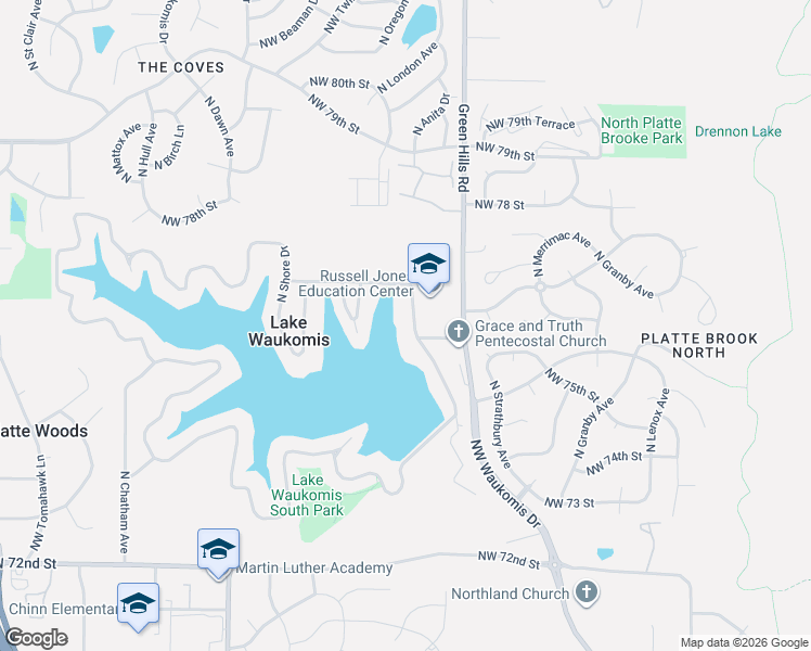 map of restaurants, bars, coffee shops, grocery stores, and more near 157 North Shore Drive in Kansas City