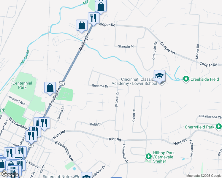 map of restaurants, bars, coffee shops, grocery stores, and more near 269 Genoma Drive in Cincinnati