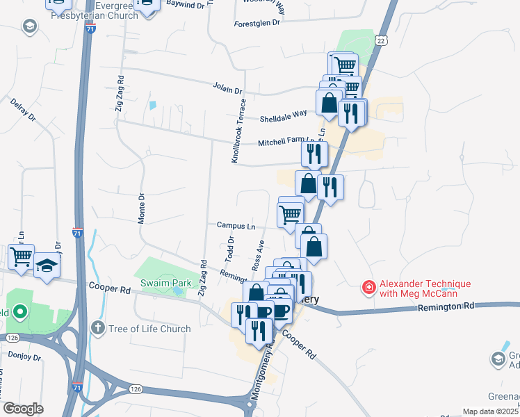 map of restaurants, bars, coffee shops, grocery stores, and more near 9685 Ross Avenue in Cincinnati