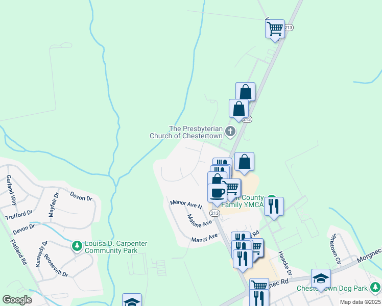 map of restaurants, bars, coffee shops, grocery stores, and more near 203 Pondview Court in Chestertown