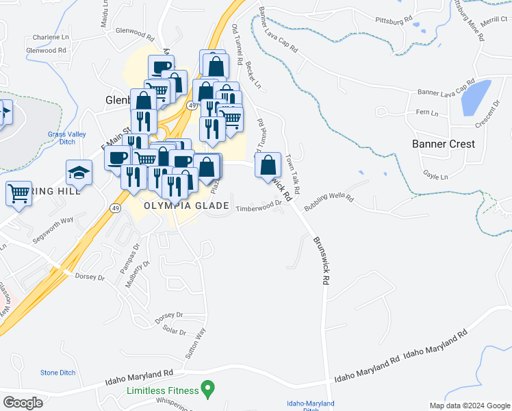 map of restaurants, bars, coffee shops, grocery stores, and more near 10639 Brunswick Road in Grass Valley