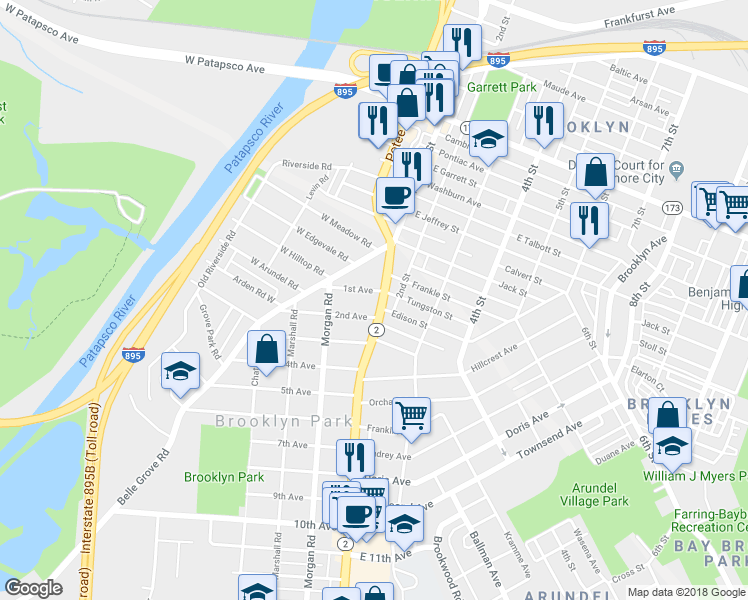 map of restaurants, bars, coffee shops, grocery stores, and more near 4102 Ritchie Highway in Baltimore