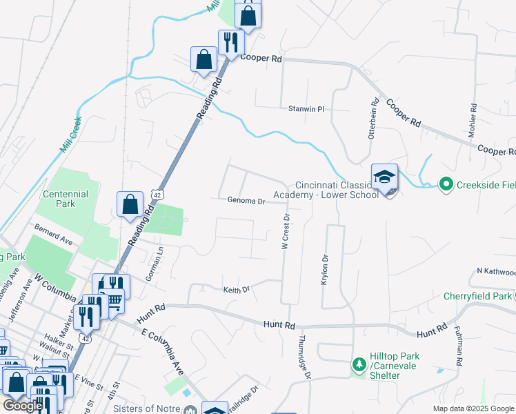 map of restaurants, bars, coffee shops, grocery stores, and more near 299 Genoma Drive in Cincinnati