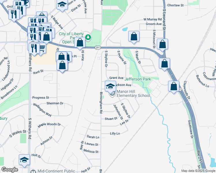 map of restaurants, bars, coffee shops, grocery stores, and more near 1210 South Skyline Drive in Liberty