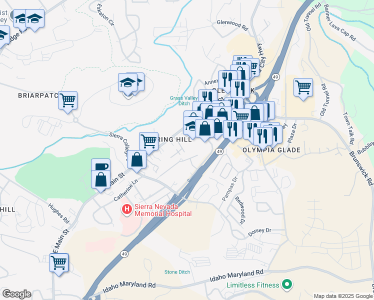 map of restaurants, bars, coffee shops, grocery stores, and more near 133 Highlands Court in Grass Valley