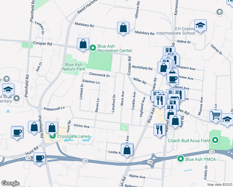 map of restaurants, bars, coffee shops, grocery stores, and more near 9622 Lansford Drive in Cincinnati