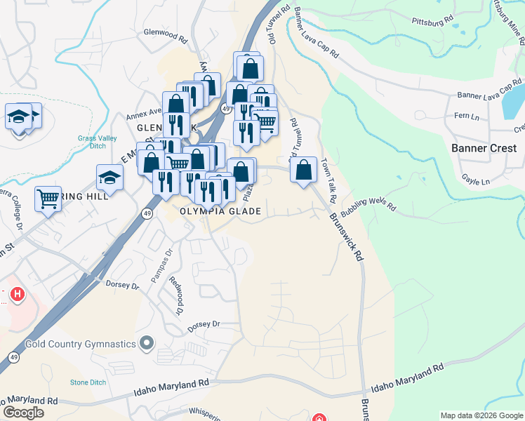 map of restaurants, bars, coffee shops, grocery stores, and more near 563 Brunswick Road in Grass Valley
