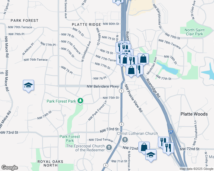 map of restaurants, bars, coffee shops, grocery stores, and more near Berkley in Kansas City
