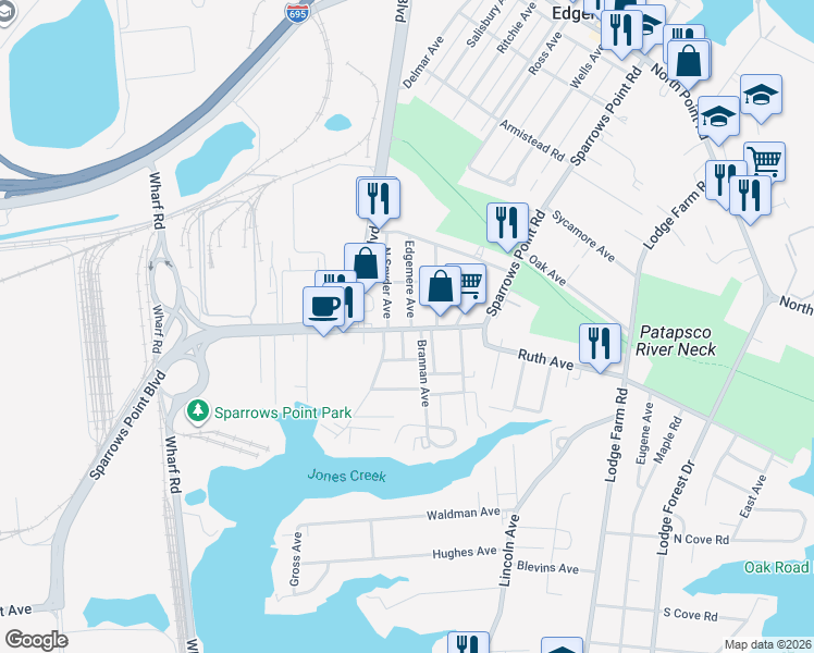 map of restaurants, bars, coffee shops, grocery stores, and more near 2408 Sparrows Point Road in Sparrows Point