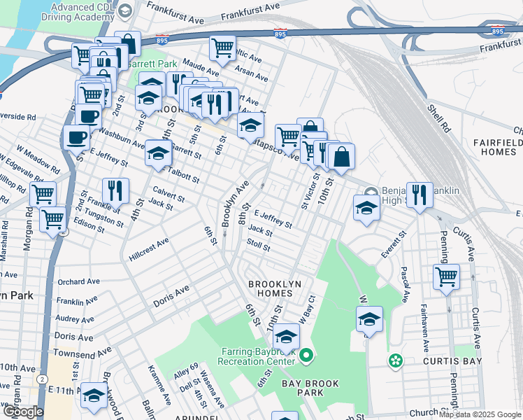 map of restaurants, bars, coffee shops, grocery stores, and more near 808 East Jeffrey Street in Baltimore