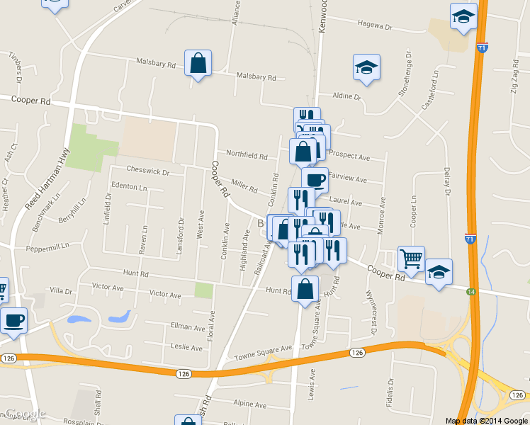 map of restaurants, bars, coffee shops, grocery stores, and more near 4660 Cooper Road in Cincinnati
