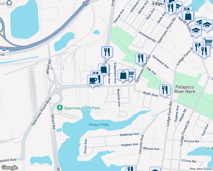 map of restaurants, bars, coffee shops, grocery stores, and more near 2326 Sparrows Point Road in Sparrows Point