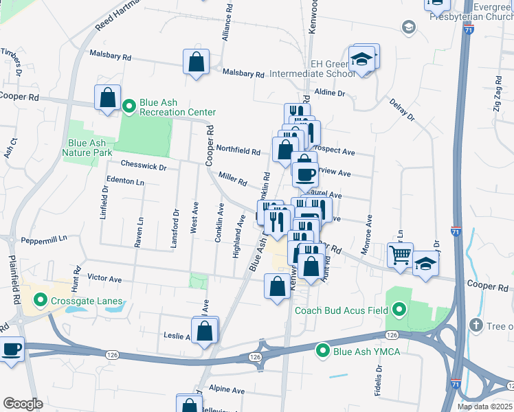 map of restaurants, bars, coffee shops, grocery stores, and more near 4660 Cooper Road in Cincinnati