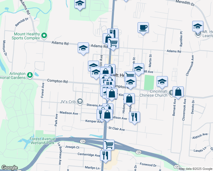 map of restaurants, bars, coffee shops, grocery stores, and more near 7516 Harrison Avenue in Mount Healthy