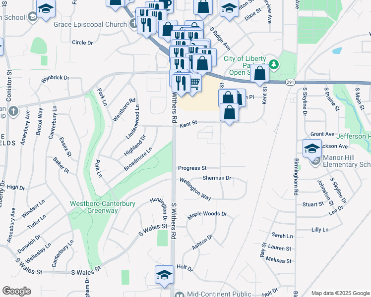 map of restaurants, bars, coffee shops, grocery stores, and more near South Withers Road in Liberty