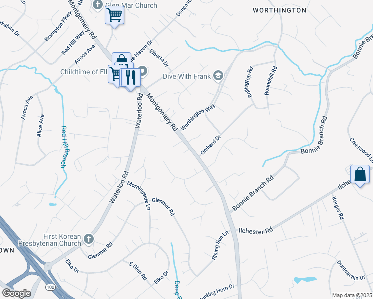 map of restaurants, bars, coffee shops, grocery stores, and more near 5014 Montgomery Road in Ellicott City