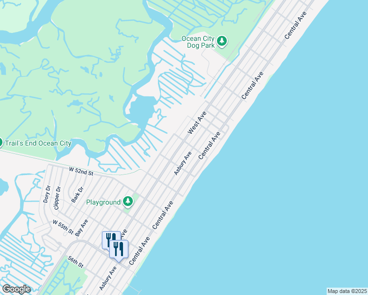 map of restaurants, bars, coffee shops, grocery stores, and more near 4911 West Avenue in Ocean City