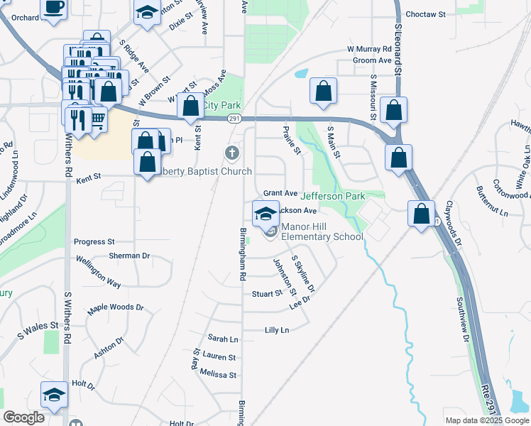 map of restaurants, bars, coffee shops, grocery stores, and more near 1210 South Skyline Drive in Liberty