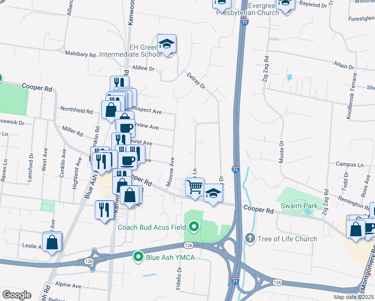 map of restaurants, bars, coffee shops, grocery stores, and more near 9661 Cooper Lane in Cincinnati