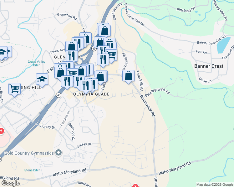 map of restaurants, bars, coffee shops, grocery stores, and more near 563 Brunswick Road in Grass Valley
