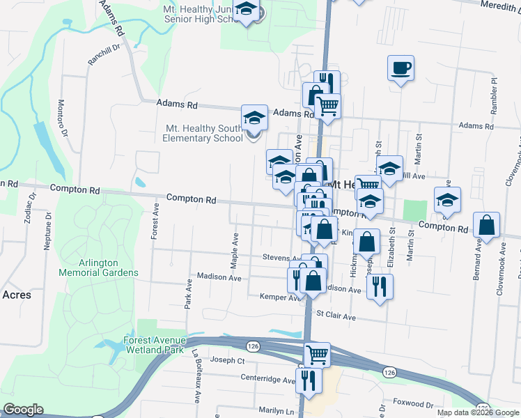 map of restaurants, bars, coffee shops, grocery stores, and more near 1801 Compton Road in Cincinnati