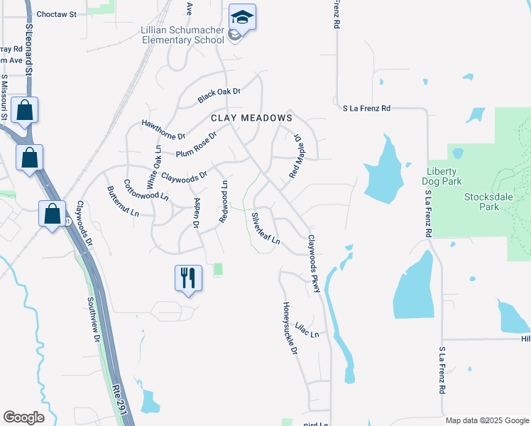 map of restaurants, bars, coffee shops, grocery stores, and more near 1102 Crimson Lane in Liberty