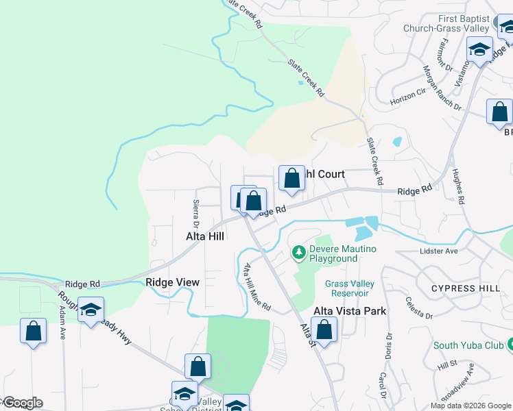 map of restaurants, bars, coffee shops, grocery stores, and more near 13024 Ridge Road in Grass Valley