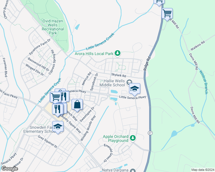 map of restaurants, bars, coffee shops, grocery stores, and more near 23020 Meadow Mist Road in Clarksburg