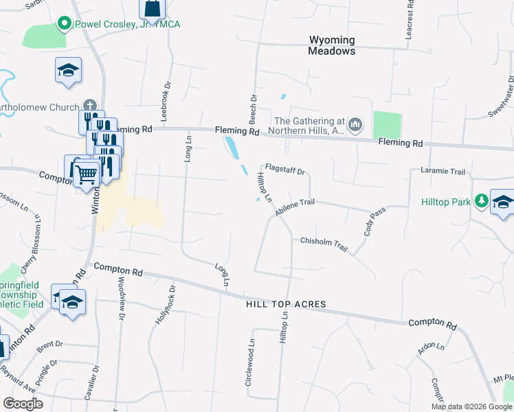 map of restaurants, bars, coffee shops, grocery stores, and more near 611 Hilltop Lane in Cincinnati