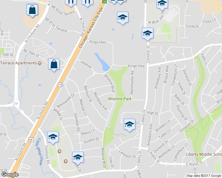 map of restaurants, bars, coffee shops, grocery stores, and more near 304 Wilshire Boulevard in Liberty