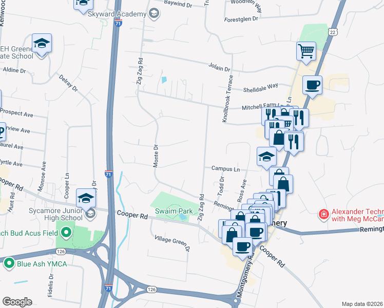 map of restaurants, bars, coffee shops, grocery stores, and more near 11064 Toddtee Ln in Cincinnati