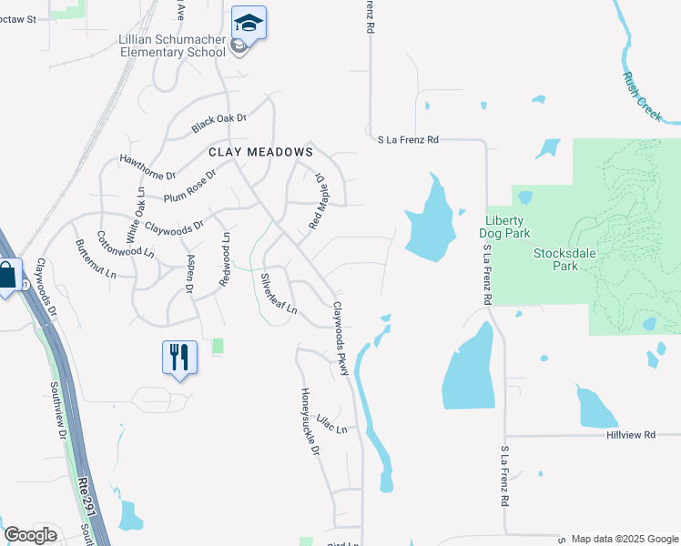 map of restaurants, bars, coffee shops, grocery stores, and more near 1043 Jasmine Drive in Liberty