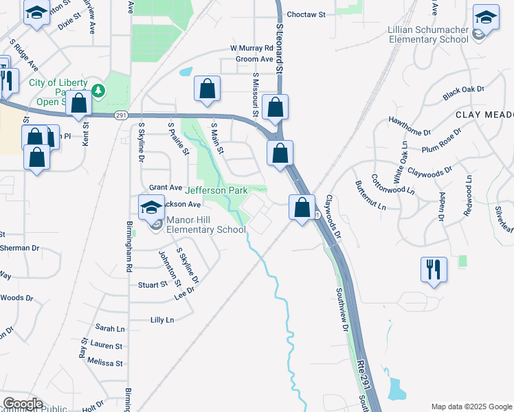map of restaurants, bars, coffee shops, grocery stores, and more near 1290 Missouri Court in Liberty