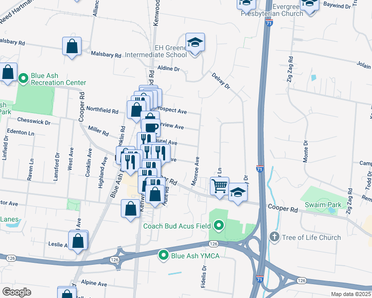 map of restaurants, bars, coffee shops, grocery stores, and more near 4919 Laurel Avenue in Cincinnati