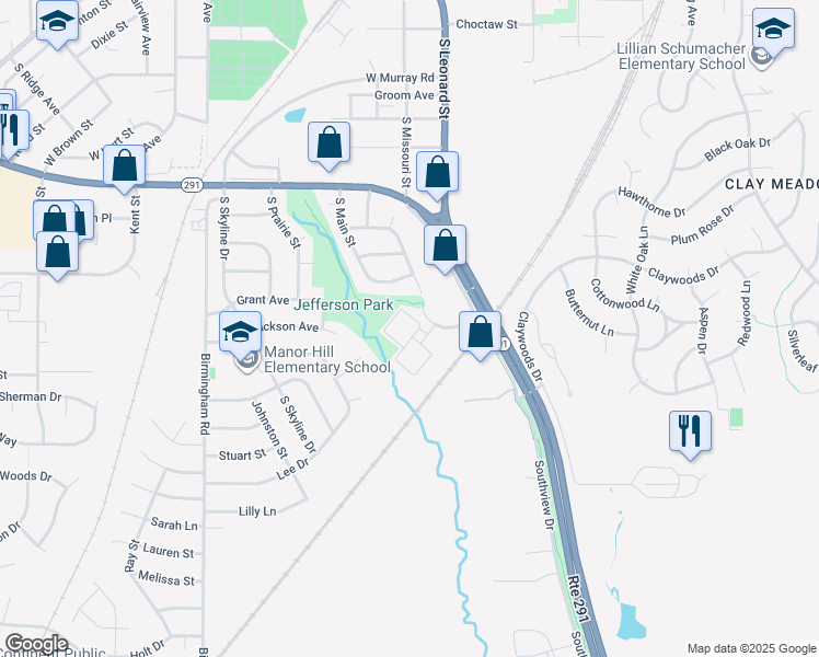 map of restaurants, bars, coffee shops, grocery stores, and more near 1290 Missouri Court in Liberty