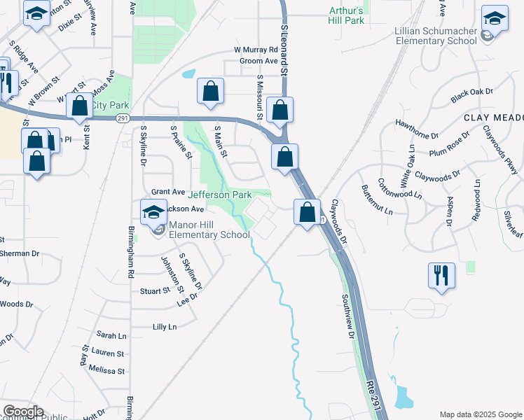 map of restaurants, bars, coffee shops, grocery stores, and more near 1220 Missouri Court in Liberty