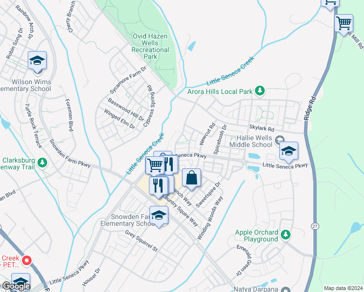 map of restaurants, bars, coffee shops, grocery stores, and more near 23123 Arora Hills Drive in Clarksburg