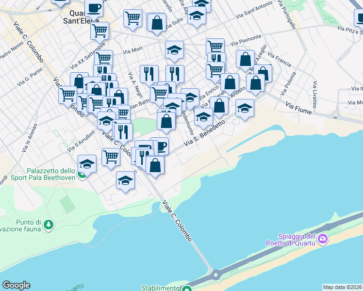 map of restaurants, bars, coffee shops, grocery stores, and more near 44 Via Praga in Quartu Sant'Elena