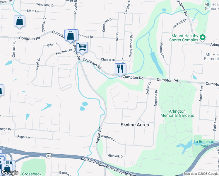 map of restaurants, bars, coffee shops, grocery stores, and more near 8857 Planet Drive in Cincinnati