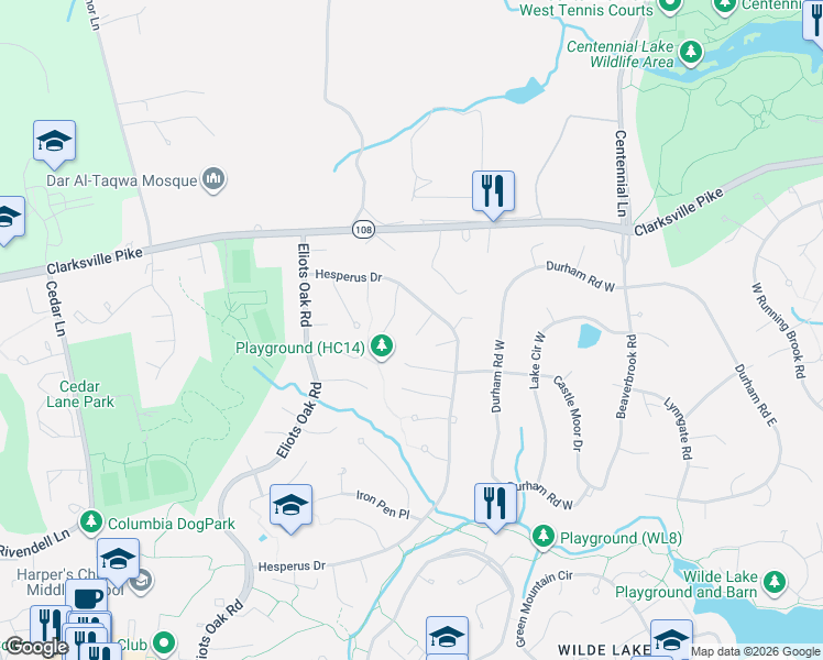 map of restaurants, bars, coffee shops, grocery stores, and more near 5130 Rondel Place in Columbia