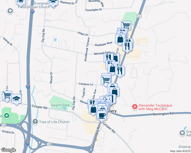 map of restaurants, bars, coffee shops, grocery stores, and more near 9685 Ross Avenue in Cincinnati